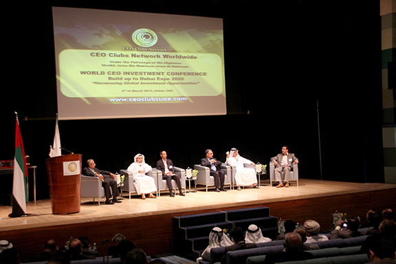 Dr. Tahir Akhar-Chairman of Adam Global Moderating the world CEO Investment Conference with Mr.Mahmood Al Bastaki, CEO, Dubai Trade, UAE, Mr.Constantin salameh, Group CEO, Al Ghurair Investment, UAE, Mr.Badr Abbas, Vice President UAE, Emirates Airline, UAE, Mr.Ramesh Cidambi, SVP, Dubai Duty Free, UAE — at Jumeirah Beach Hotel